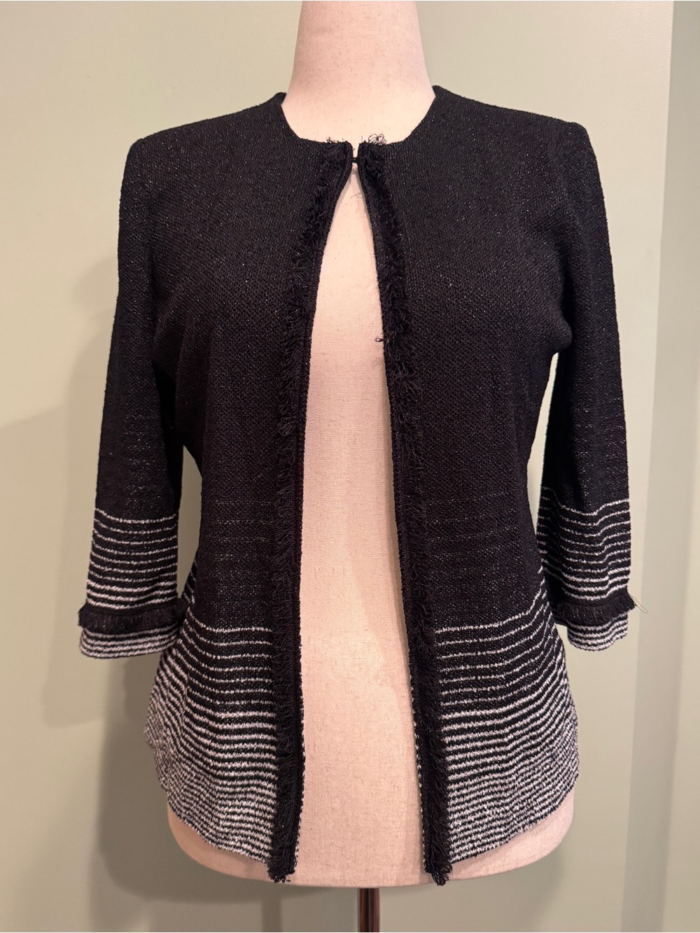 Ming Wang Ombre Striped Knit Open Front Jacket Fringe Black Silver S VGUC